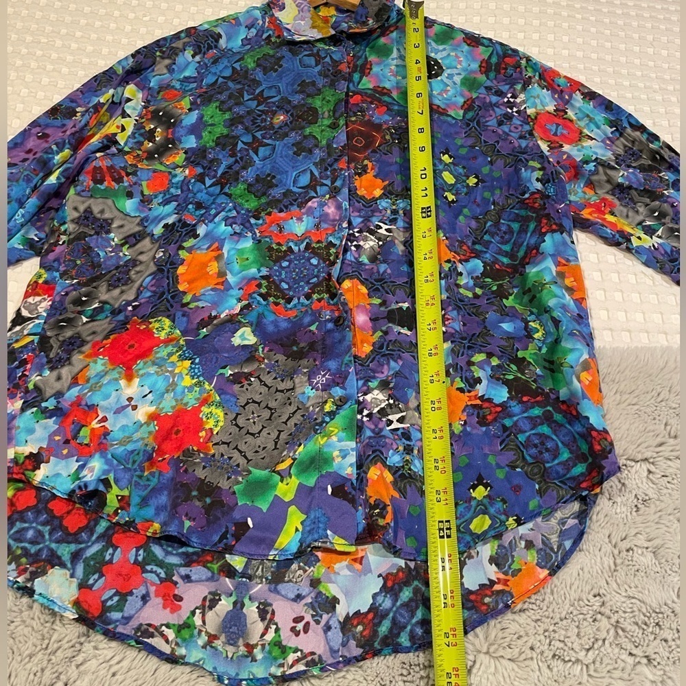 Multicolor Abstract Pattern Silk Button Down Shirt - image 7